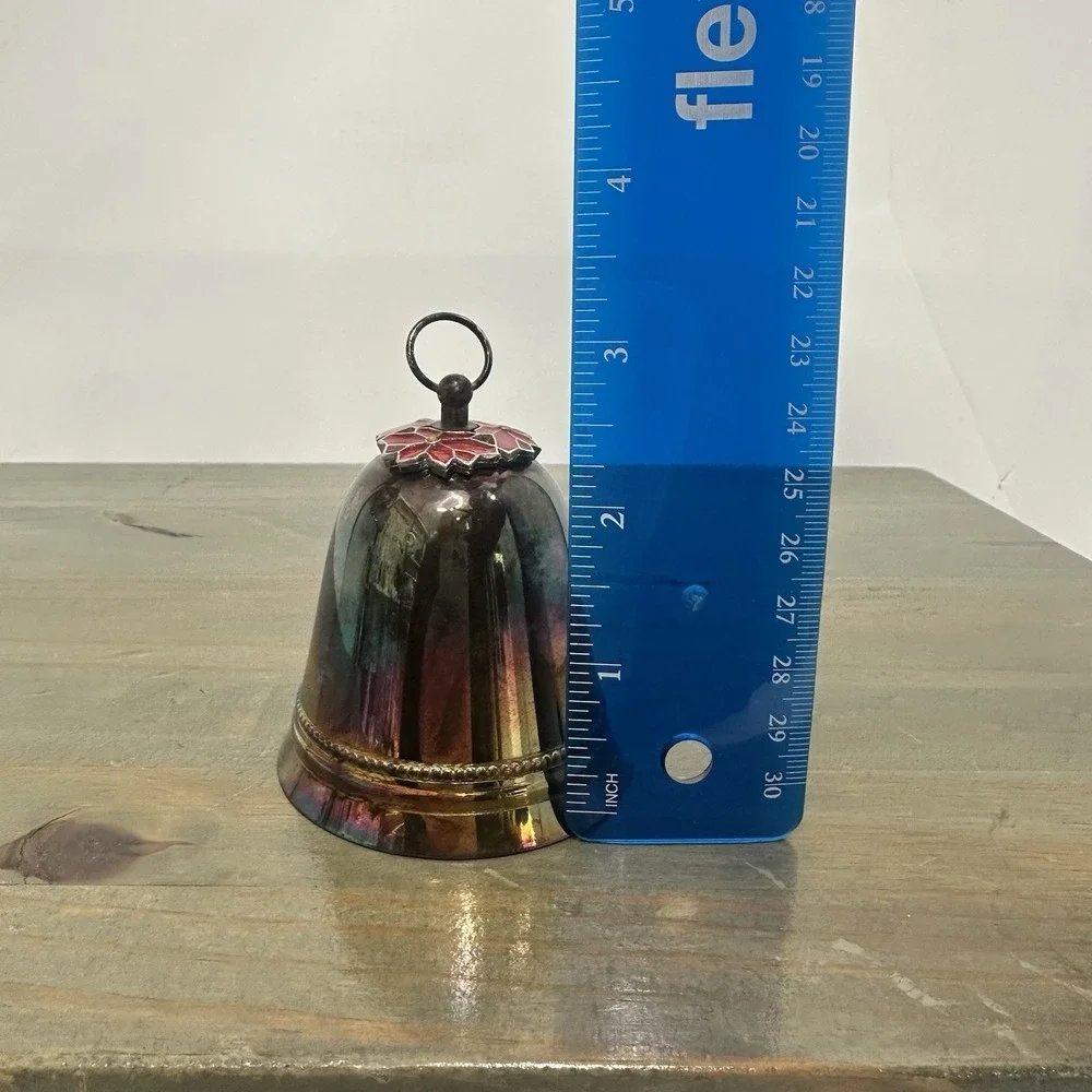 Vintage Wallace Silver‎ Plated Christmas Bell Ornament Enamel Poinsettias 1973
